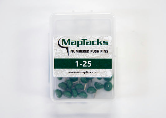 Map Push Pins, Green, Numbered 1-25