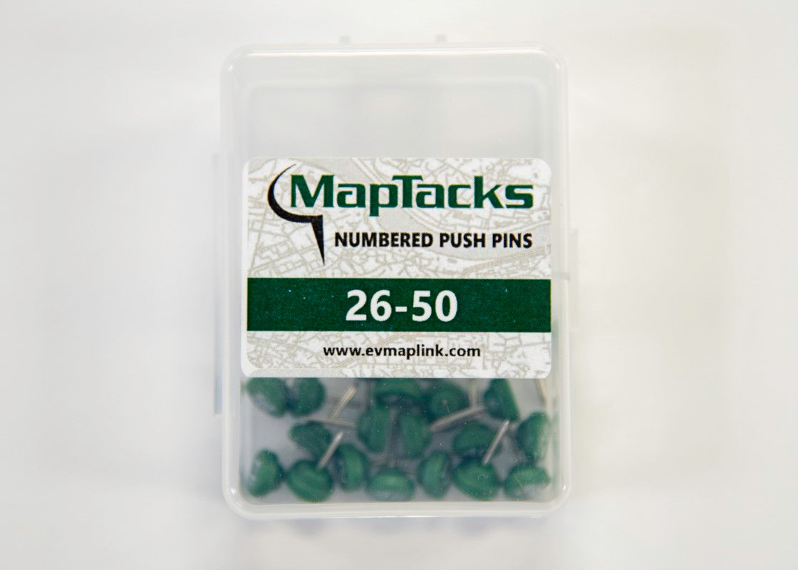 Map Push Pins, Green, Numbered 26-50