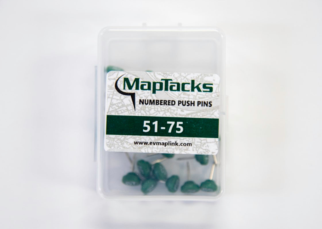 Map Push Pins, Green, Numbered 51-75