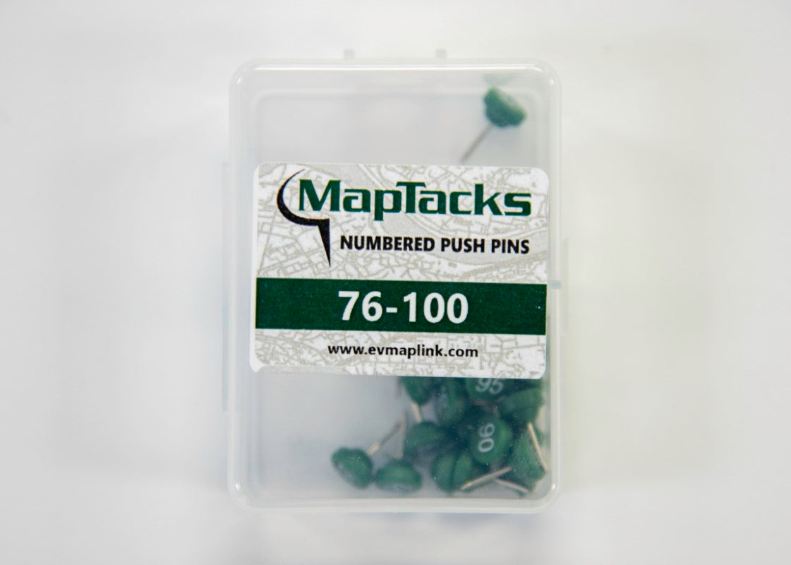 Map Push Pins, Green, Numbered 76-100