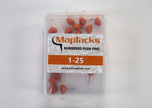 Map Push Pins, Orange, Numbered 1-25