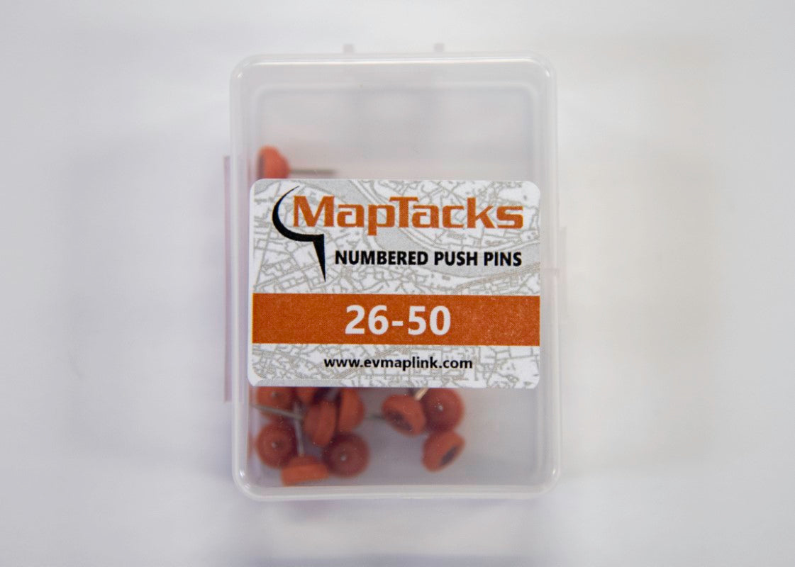 Map Push Pins, Orange, Numbered 26-50