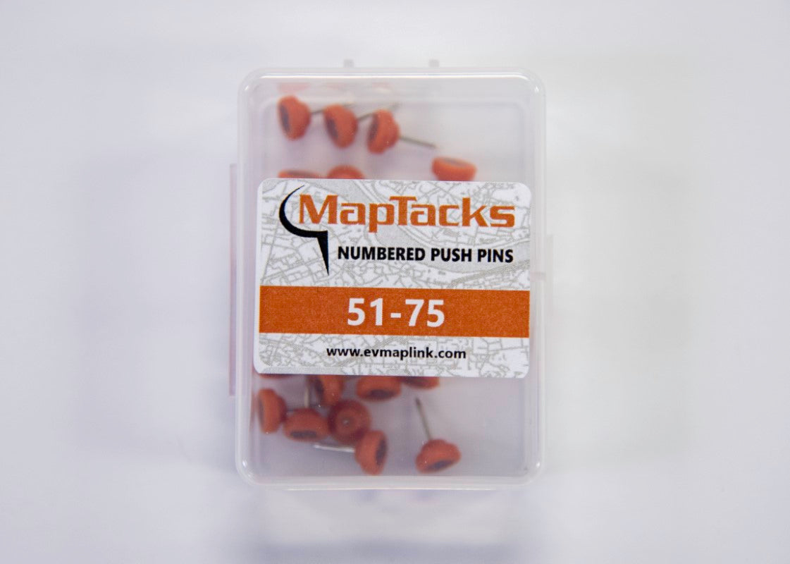 Map Push Pins, Orange, Numbered 51-75