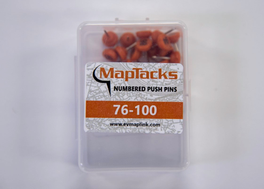 Map Push Pins, Orange, Numbered 76-100