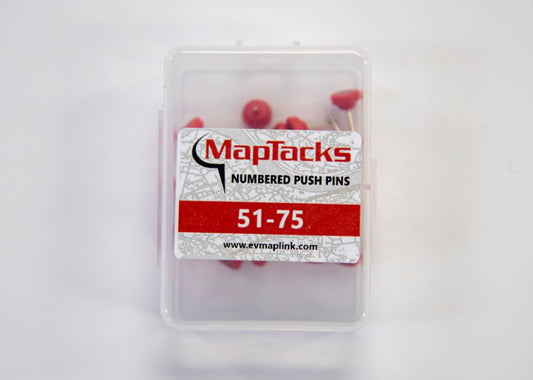 Map Push Pins, Red, Numbered 51-75