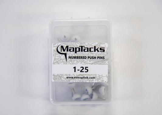 Map Push Pins, White, Numbered 1-25