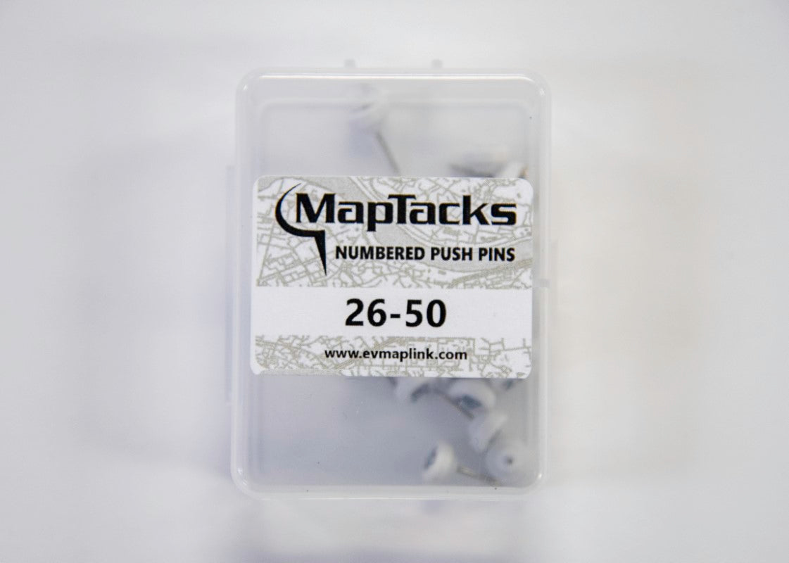 Map Push Pins, White, Numbered 26-50