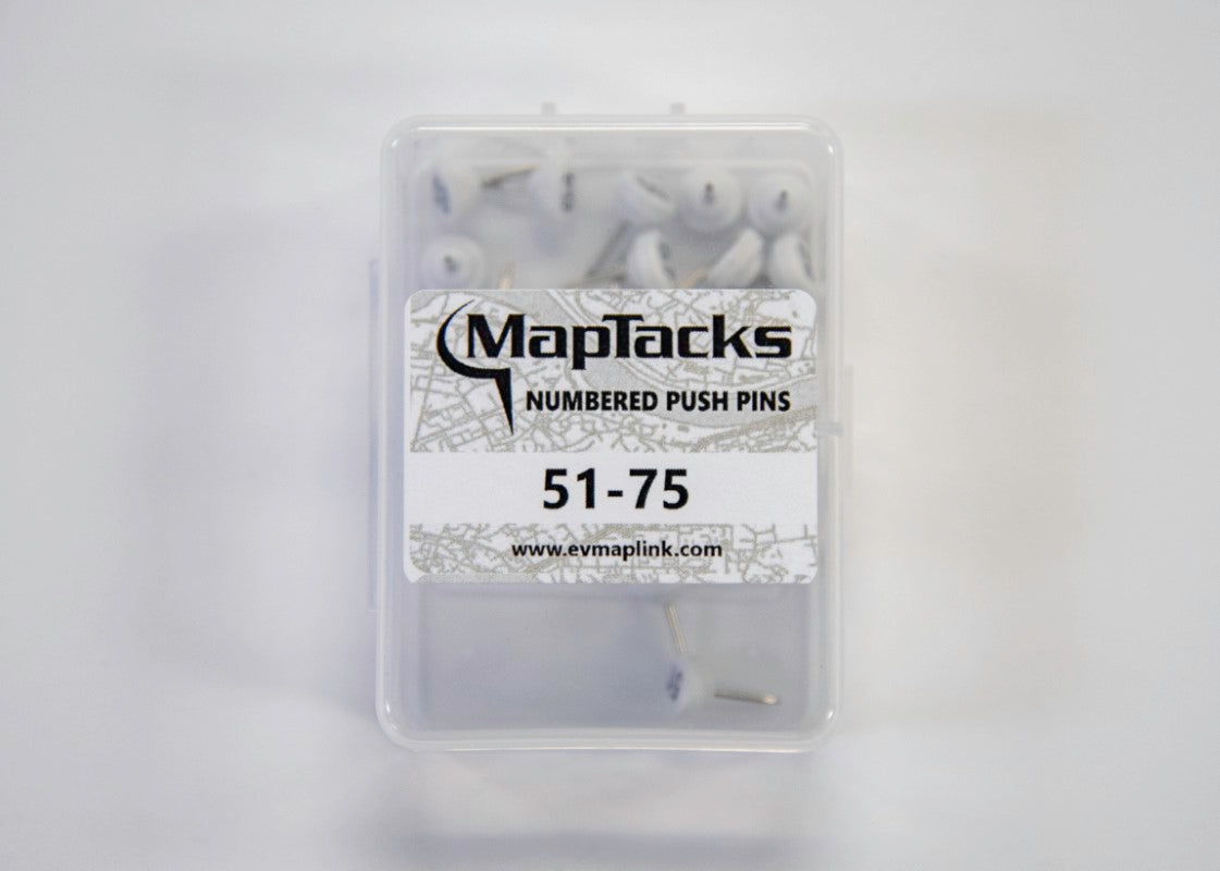 Map Push Pins, White, Numbered 51-75