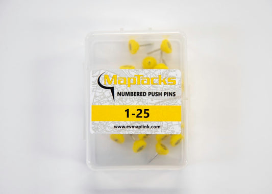 Map Push Pins, Yellow, Numbered 1-25