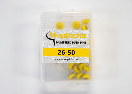 Map Push Pins, Yellow, Numbered 26-50