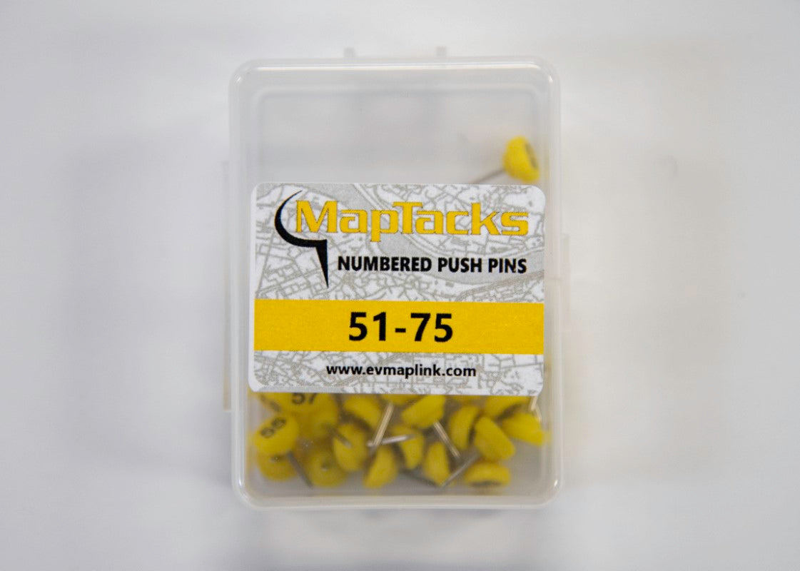 Map Push Pins, Yellow, Numbered 51-75