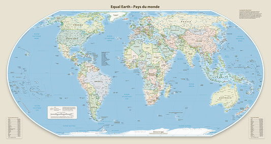 Equal Earth Political Wall Map - Greenwich Meridian - French - Matte
