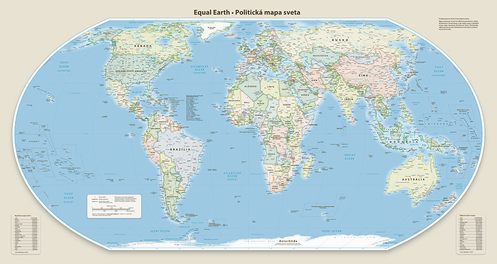 Equal Earth Political Wall Map - Greenwich Meridian - Slovak - Matte