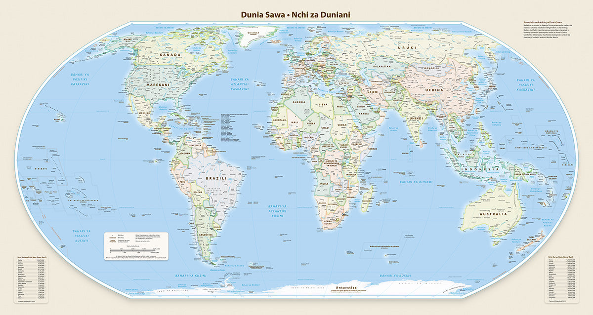 Equal Earth Political Wall Map - Greenwich Meridian - Swahili - Paper