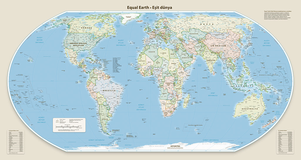 Equal Earth Political Wall Map - Greenwich Meridian - Turkish - Premium Photo Paper