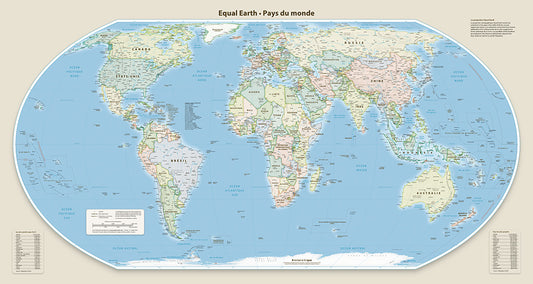 Equal Earth Political Wall Map - Florence Meridian - French - Laminated