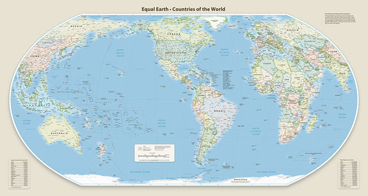 Equal Earth Political Wall Map - Americas Meridian - English - Laminated