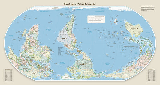 Equal Earth Political Wall Map - Americas South at Top Meridian - Spanish - Laminated