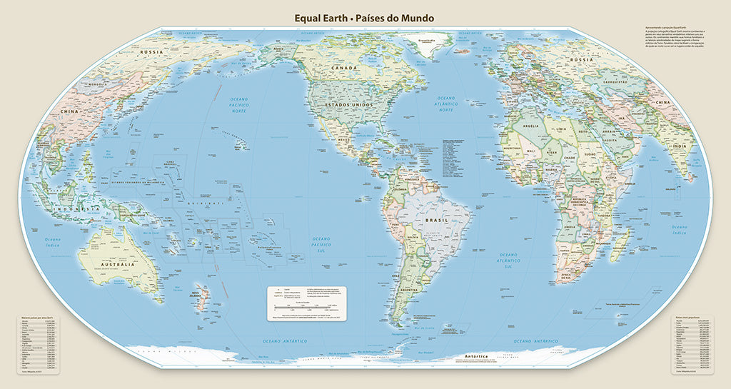 Equal Earth Political Wall Map - Americas Meridian - Portuguese - Laminated