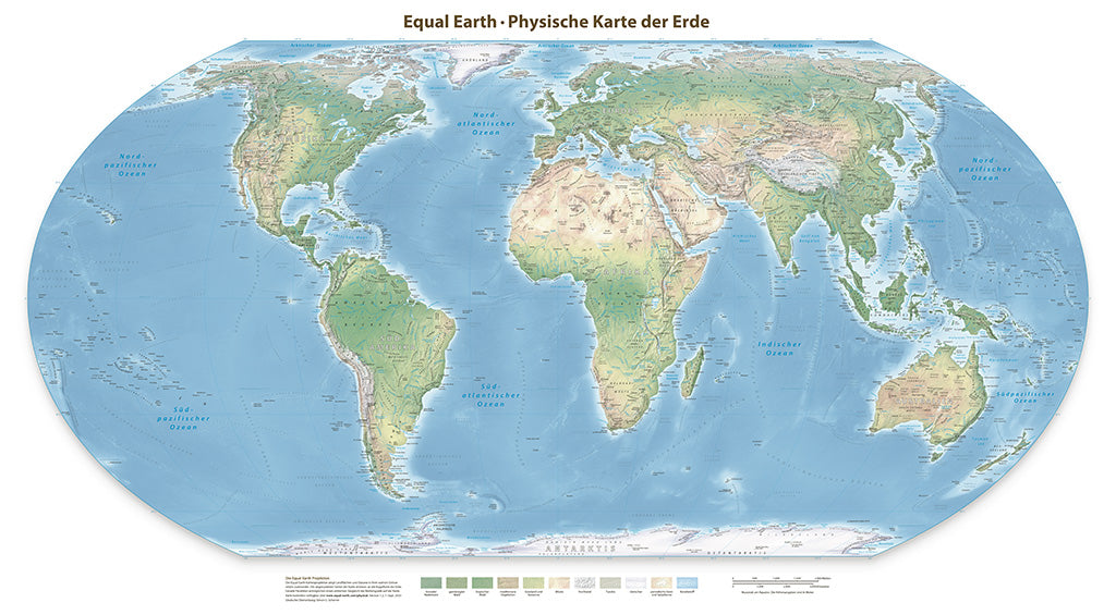Equal Earth Physical Wall Map - Greenwich Meridian - German - Matte