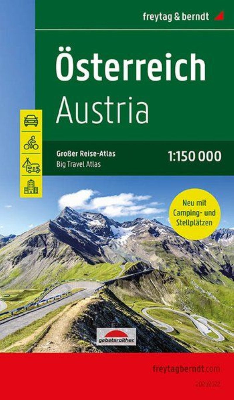 Austria, road atlas 1:150,000, large travel atlas with camping and parking spaces