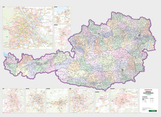 Österreich Postleitzahlen, Poster 1:500.000, Metallbestäbt in Rolle = Austria postcodes, wall map 1:500,000, metal bars