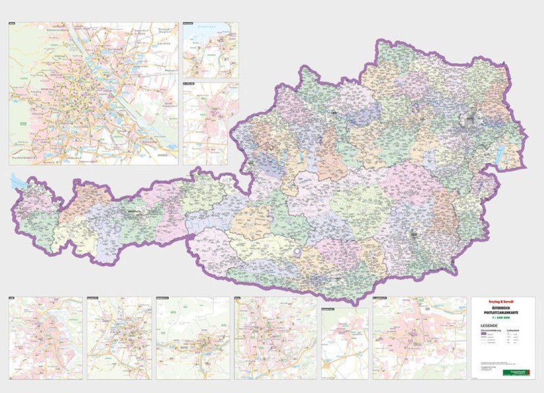 Österreich Postleitzahlen, Poster 1:500.000, Plano in Rolle = Austria postcodes, wall map 1:500,000, flat