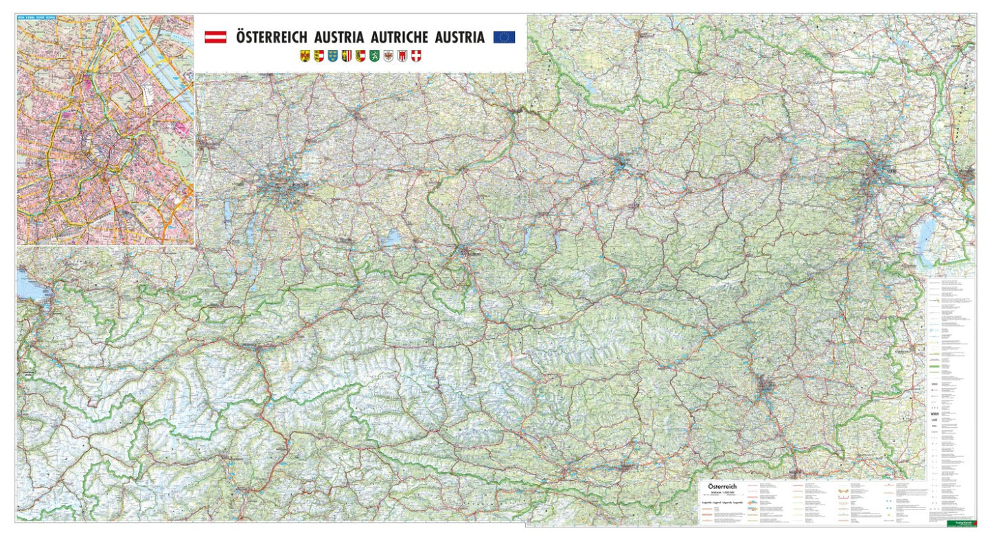 Österreich, Straßenkarte 1:300.000, Großformat, Poster = Austria, street map 1:300,000, large scale, wall map