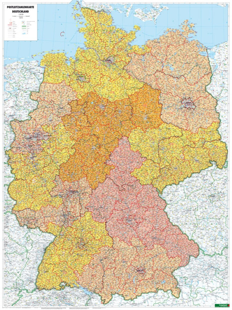 Deutschland Postleitzahlen, Poster 1:700.000, Metallbestäbt in Rolle = Germany postcodes, wall map 1:700,000, metal bars
