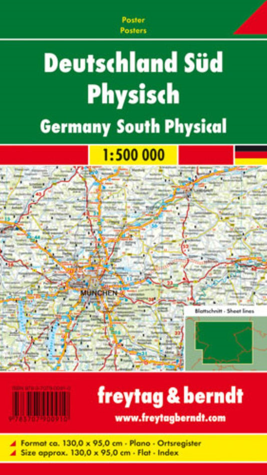 Deutschland Süd physisch, 1:500.000, Poster = Germany South Physical, 1:500,000, wall map