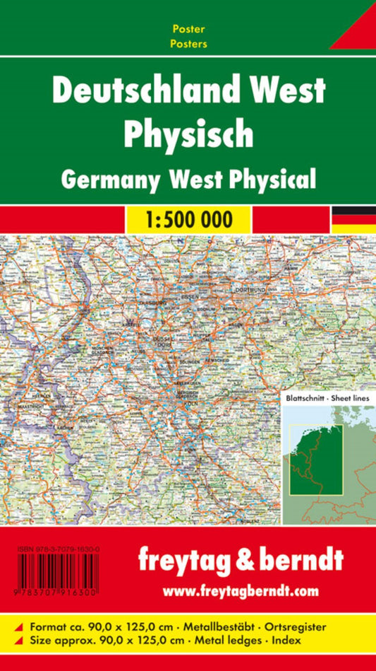 Wandkarte: Deutschland West, Poster, 1:500.000, Metallbestäbt in Rolle = Germany West, wall map, 1:500,000, metal bars