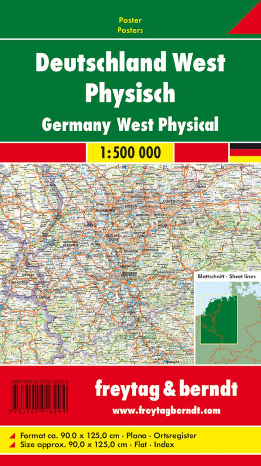 Wandkarte: Deutschland West, Poster, 1:500.000, Plano in Rolle = Germany West, wall map, 1:500,000, flat