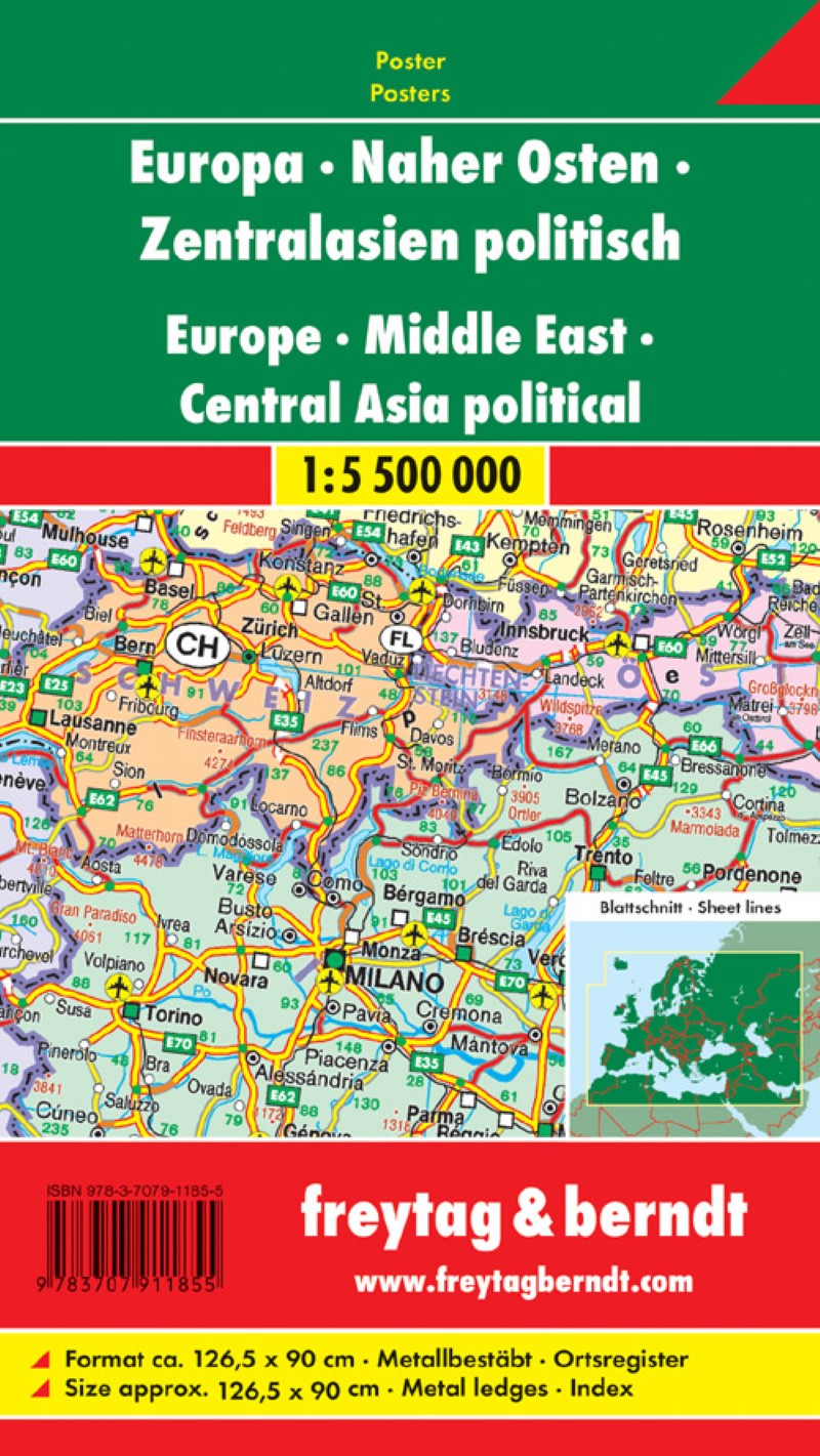 Europa - Naher Osten - Zentralasien politisch 1:5,500,000., metallbestäbt = Europe - Middle East - Central Asia political 1:5.500,000, metal bars