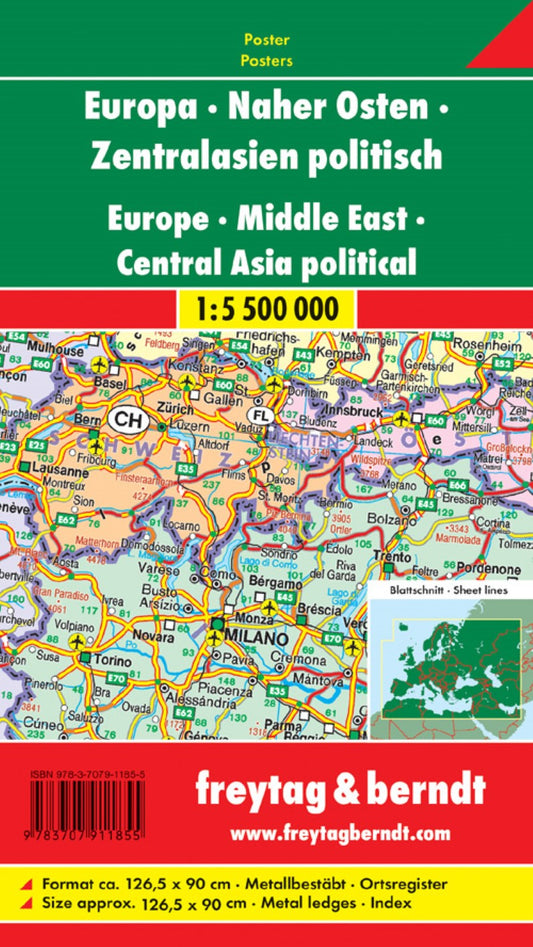 Europa - Naher Osten - Zentralasien politisch 1:5,500,000., metallbestäbt = Europe - Middle East - Central Asia political 1:5.500,000, metal bars