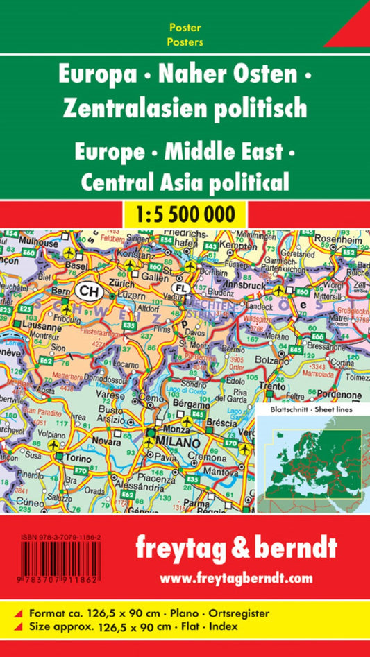 Europa - Naher Osten - Zentralasien politisch, 1:5,500,000, Poster = Europe - Middle East - Central Asia political, 1:5.500,000, wall map
