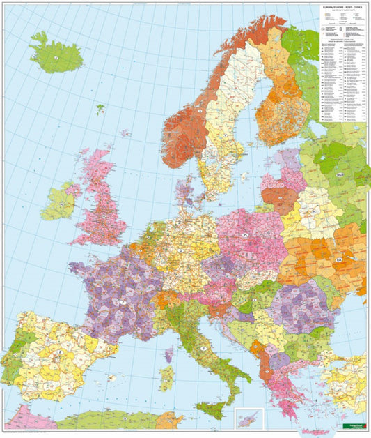 Europa Postleitzahlen, Postleitzahlenkarte 1:3,700,000., Poster, metallbestäbt = Europe postcode map 1:3.700,000, wall map, metal bars