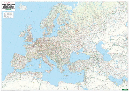 Rails + ferries Europe map 1:5.500,000, wall map, flat