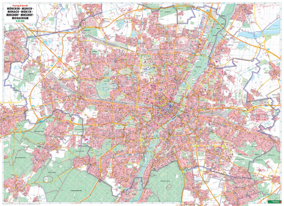 München, Stadtplan 1:22.500, Poster, metallbestäbt = Munich, city map 1:22,500, wall map, metal bars