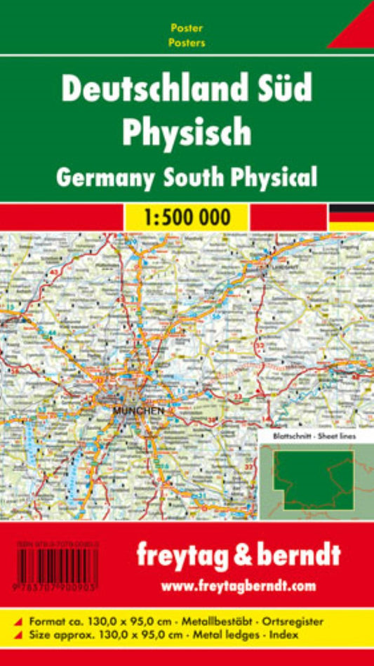 Deutschland Süd physisch, 1:500.000, Poster metallbestäbt = Germany South physical, 1:500,000, wall map with metal bars