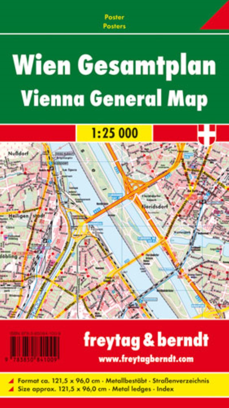 Wien Gesamtplan, 1:25.000, Poster metallbestäbt = Vienna General map, 1:25,000, metal bars wall map