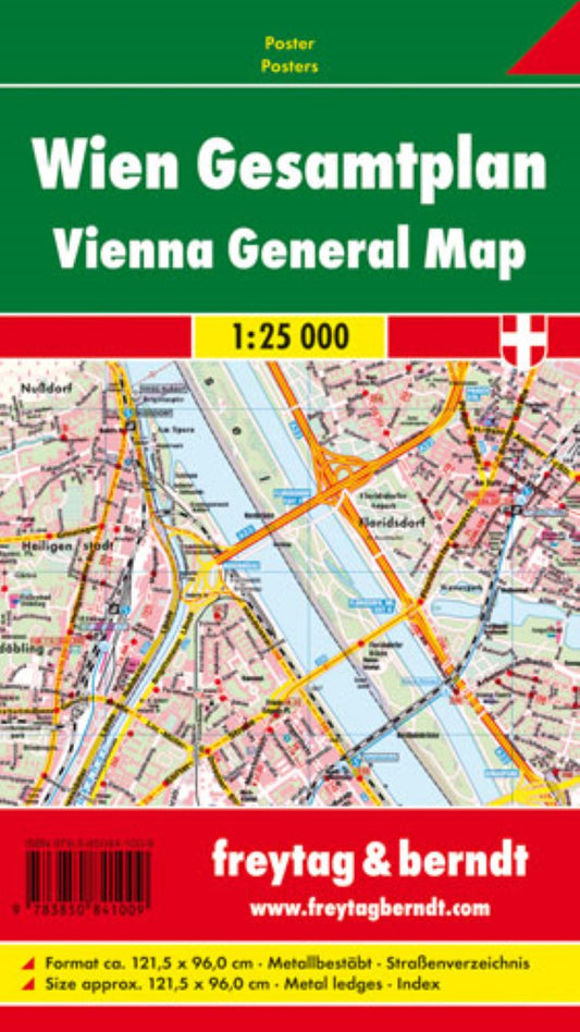 Wien Gesamtplan, 1:25.000, Poster metallbestäbt = Vienna General map, 1:25,000, metal bars wall map