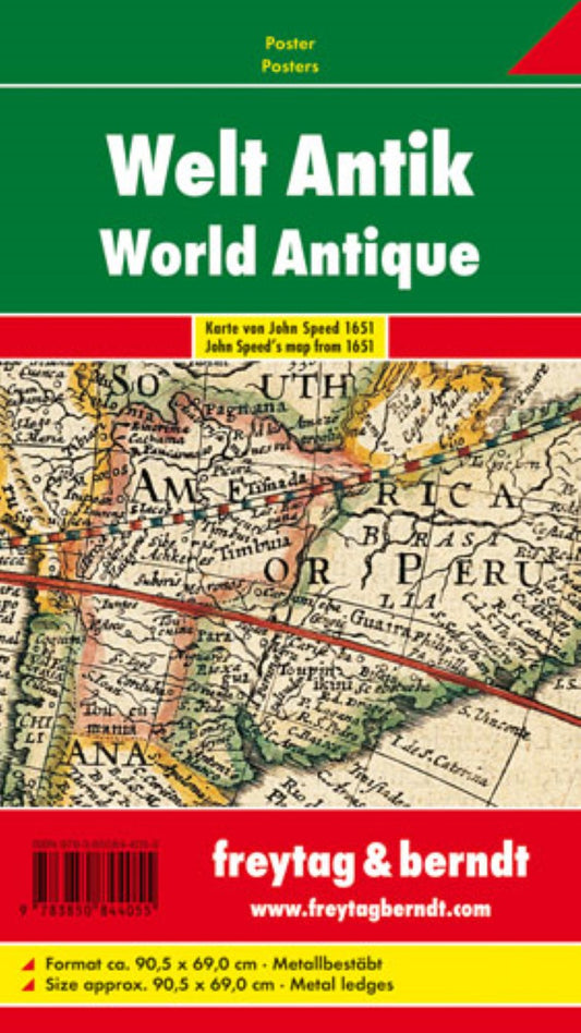 Welt Antik, Karte von John Speed 1651, Poster, metallbestäbt = World Antik, map of John Speed 1651, wall map, metal bars