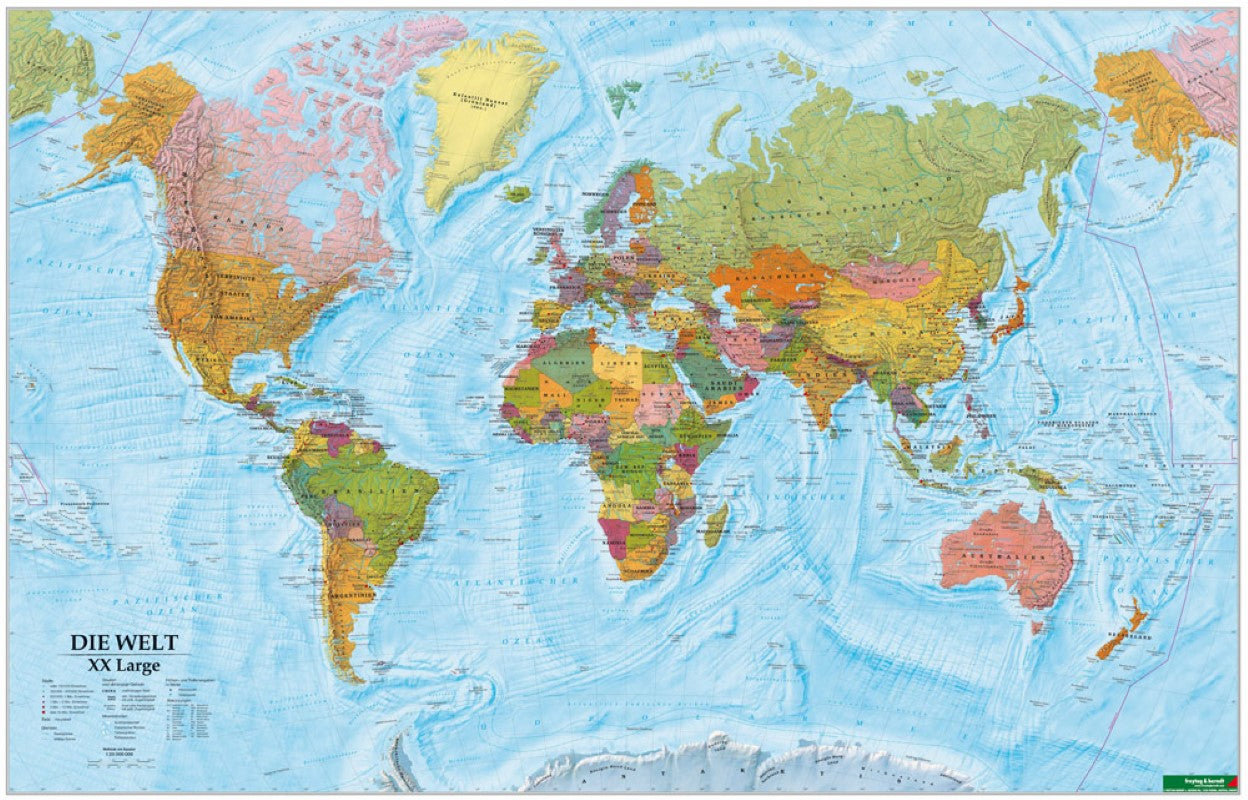 Wandkarte: Die Welt XXL, deutsch, Poster 1:20.000.000, Plano in Rolle = World XXL, German, wall map 1:20,000,000, rolled