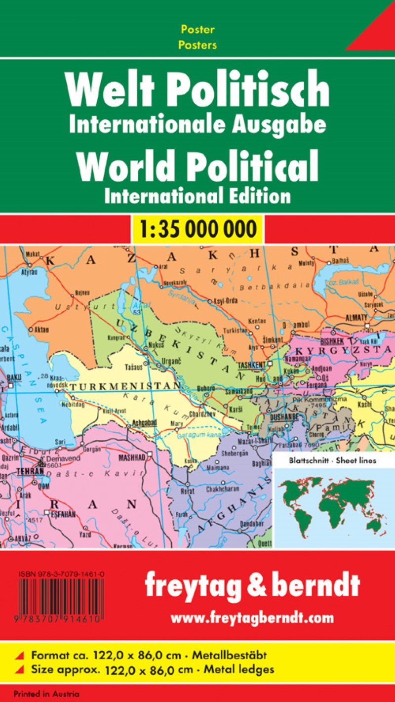 World political, international, 1:35,000,000, wall map metal bars wall map