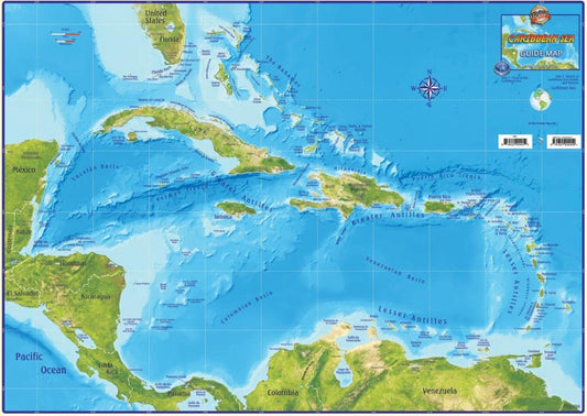 Caribbean Map - Caribbean Sea Guide, laminated