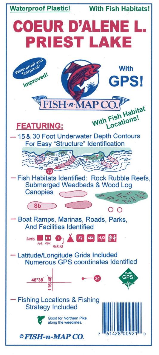 Coeur d'Alene Lake, Priest Lake Fishing Map