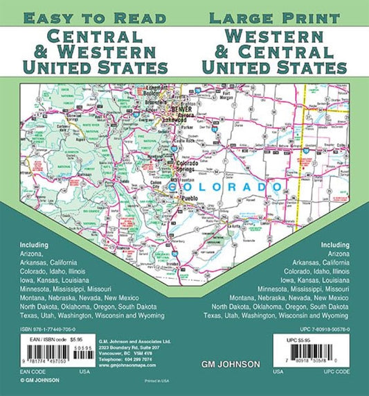 United States, Western & Central, Large Print Road Map