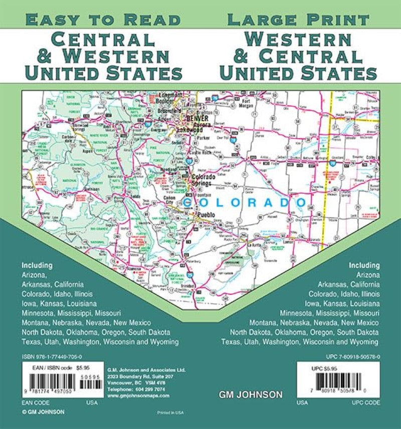 United States, Western & Central, Large Print Road Map
