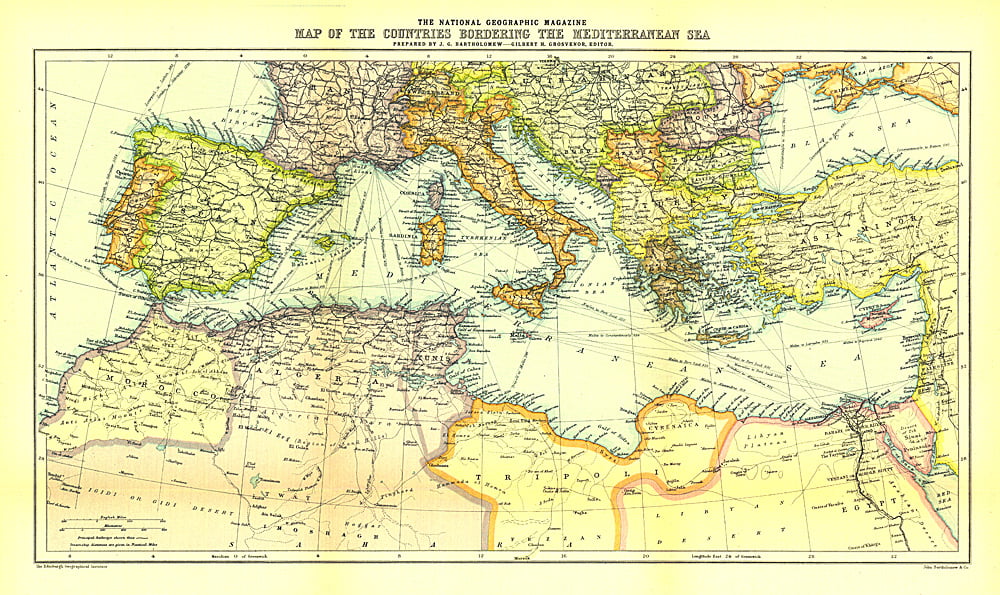 1912 Countries Bordering the Mediterranean Sea Map
