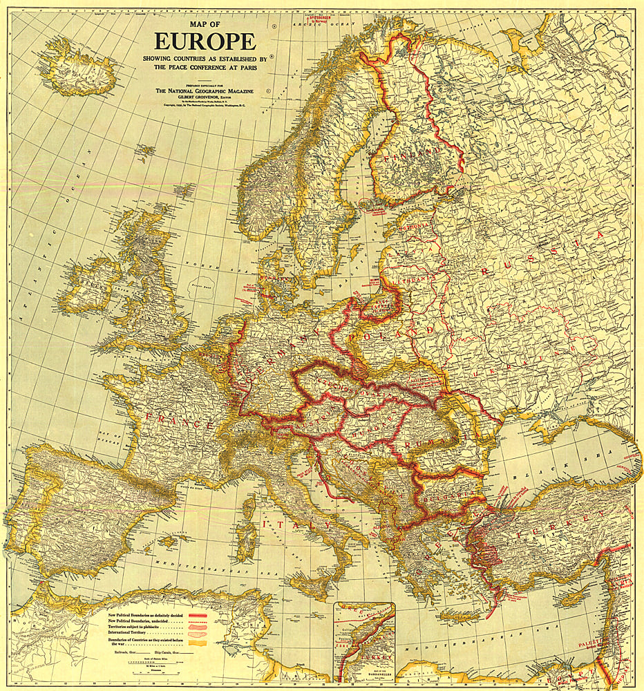 1921 Map of Europe Showing the Countries Established by the Peace Conference of Paris